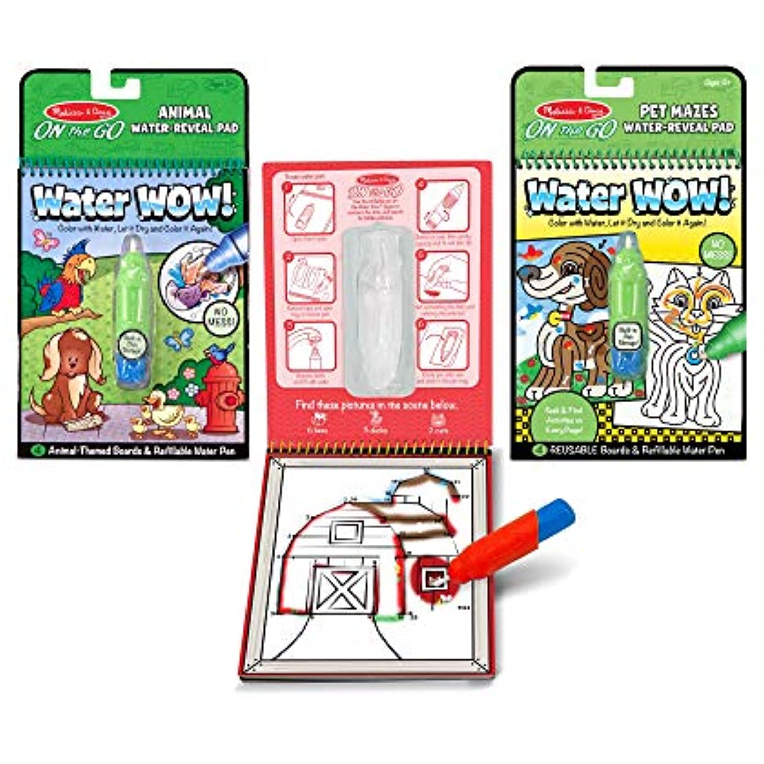melissa & doug on the go water wow! activity pad 3-pack, animals, farm, pet  mazes (reusable water reveal coloring books) 